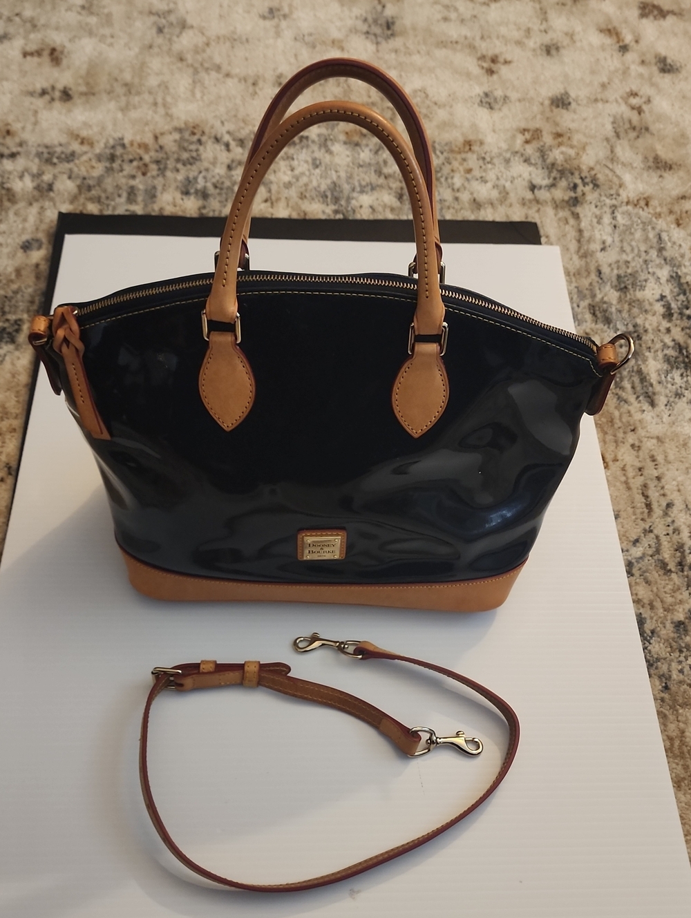 Dooney & Bourke Patent Leather Zip Satchel with Tan Leather Trim.
